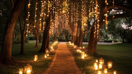 Sticker - Romantic Garden Pathway at Night with String Lights and Candles