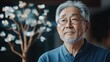 © khonkangrua - Thoughtful Senior Man with Glasses in a Calm Indoor Setting Surrounded by a Decorated Tree, Reflecting on Memories and Experiences