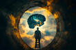 © Ashraf - silhouette of a man with an open brain window and ladder symbolizing creativity and problem-solving psychology theme. 4k image