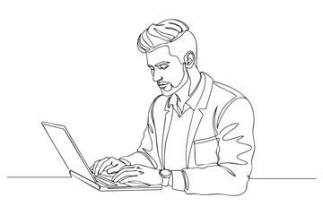 man watching laptop computer one line continuous drawing