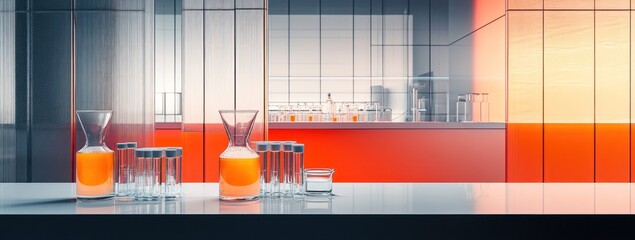 Poster - A modern laboratory setting with glassware and colorful liquids.