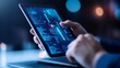 © GenerativeAIpicture - Close-up of Hands Using Tablet Device to Analyze Digital Data and Information on Screen in Modern Technology Environment with Bright Bokeh Lights