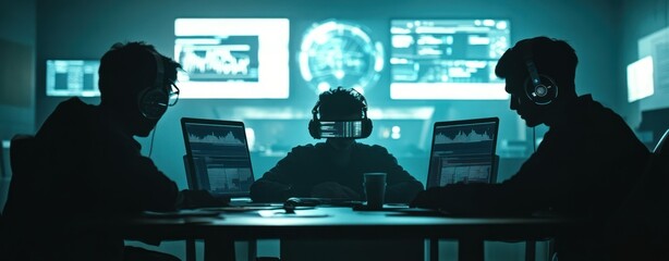 Aufkleber - A group of individuals engaged in high-tech analysis with screens and virtual reality equipment.
