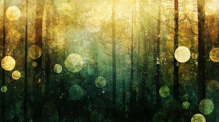 Sticker - Bright golden bokeh lights scattered in a forest landscape, creating an ethereal and magical mood.