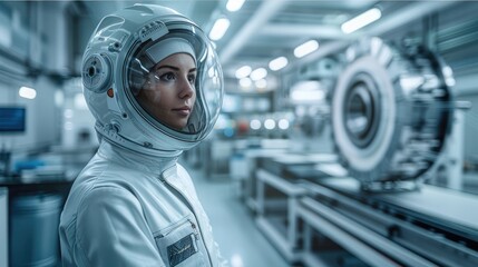 Aufkleber - A factory worker, dressed in a fusion of a space suit and a factory jumpsuit with metallic accents and utility pockets, stands attentively in a futuristic space station.