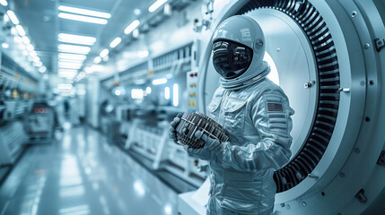 Aufkleber - A factory worker, dressed in a fusion of a space suit and a factory jumpsuit with metallic accents and utility pockets, stands attentively in a futuristic space station.