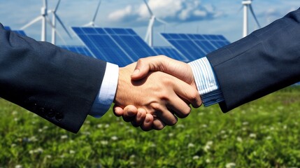 Aufkleber - Two business professionals shaking hands in front of solar panels and wind turbines.