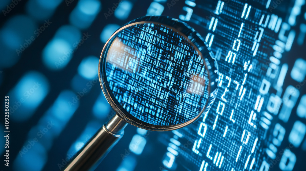 magnifying glass focuses on binary code, symbolizing data analysis and ...