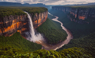 Fototapete - River with a waterfall in the background. The waterfall is very large. The river is brown in color