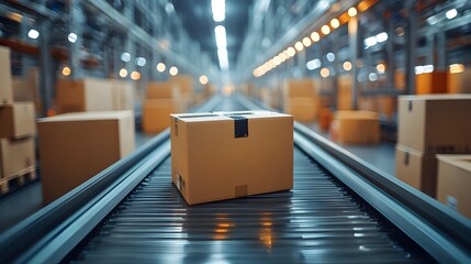 Poster - Automated warehouse logistics system with conveyor belt transporting stacked cardboard boxes on shelves in a large industrial storage and distribution facility.