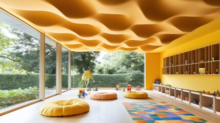 Aufkleber - A vibrant playroom with soft seating, toys, and a wavy ceiling design for children's activities.