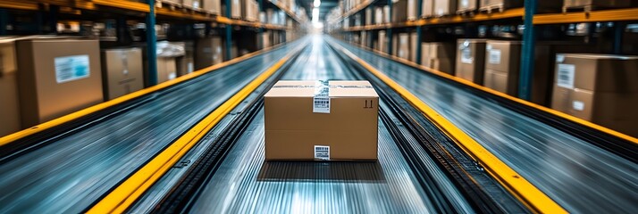 Poster - Blurred motion image of automated warehouse interior with packages moving along conveyor belts and rows of shelving racks.