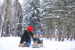 © alexkich - A winter fairy tale, a young mother and her daughter ride a sled in the forest.