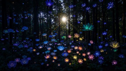 Wall Mural - A forest with many colorful flowers lit up in the dark