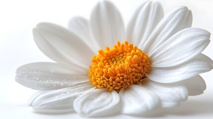 Leinwandbilder - Closeup macro shot of a pristine,delicate white daisy flower with vibrant yellow center petals and soft,elegant petals against a clean,minimalist background. The daisy bloom displays a serene,natural.