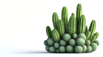 Fototapete - Closeup of a vibrant cactus and succulent arrangement in a minimalist studio setting with a plain white background. The various shapes,textures.