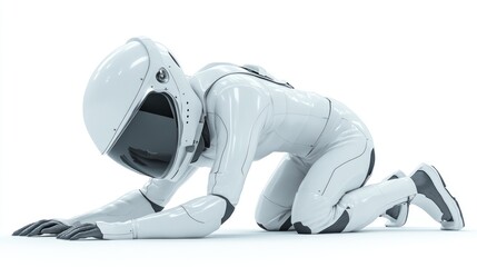 Poster - A humanoid figure in a futuristic white spacesuit, positioned on all fours.