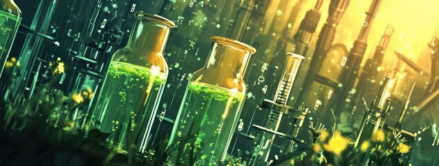 Aufkleber - A vibrant laboratory scene with glowing green liquids in glass containers.