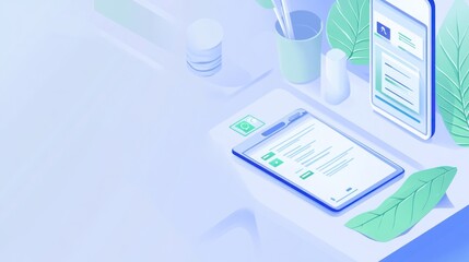 Poster - A digital workspace featuring a tablet and smartphone with documents and plants.