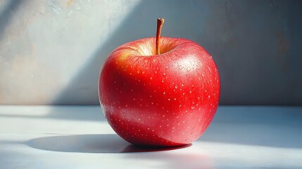 Poster - Closeup shot of a ripe,juicy red apple with a glossy,shiny skin and natural lighting creating shadows on a plain background. The apple is a healthy,nutritious snack or cooking ingredient.