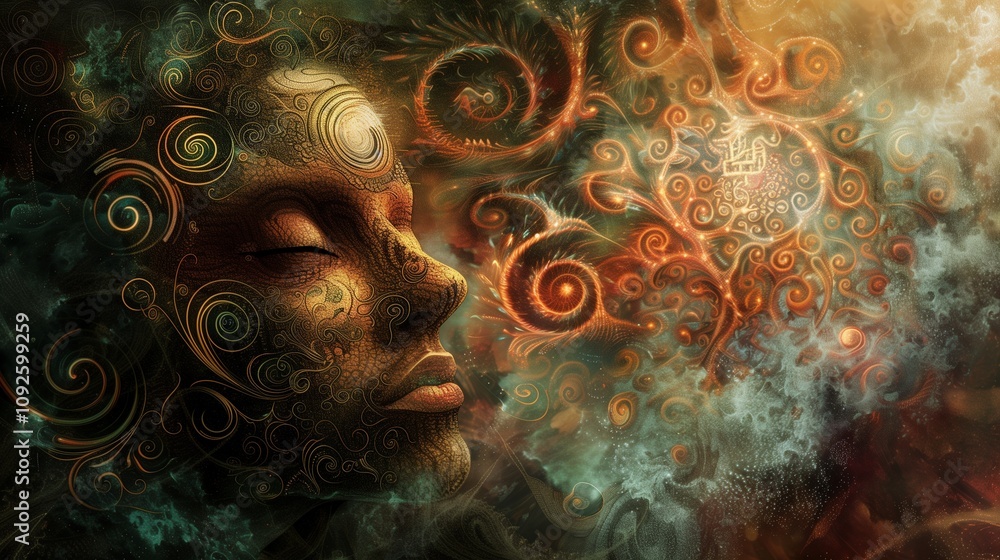 Pretty woman face with swirling patterns closeup image. Abstract ...