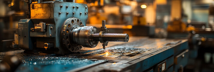 Leinwandbilder - Close-up view of a metalworking machine,such as a lathe or grinding tool,operating in an industrial workshop setting. The image highlights the precision,technology.