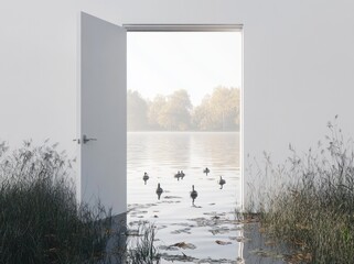 Fototapete - An open door leads to a serene lake with ducks, blending nature and architecture.