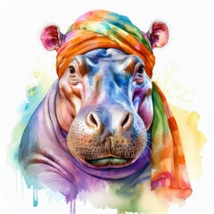 Wall Mural - illustration of a hippopotamus with headscarf on painted watercolor drawing isolated on white background