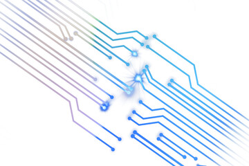 Poster - Abstract illustration of blue circuit lines with glowing nodes, dynamic design on a white background. Concept of technology, data, and connectivity