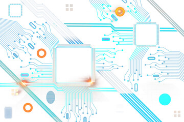 Fototapete - Circuit board design with blue connections, nodes, and orange accents, isolated on white background. Concept of technology and data flow