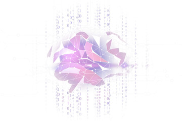 Fototapete - Abstract geometric brain design with purple hues, digital network connections, binary code overlay, isolated on white background, concept of technology