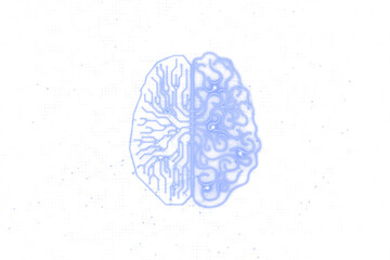 Fototapete - Abstract brain split into two halves, one with circuitry patterns and the other with organic swirls on a white background. Concept of technology and mind