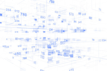 Poster - Abstract blue numbers and geometric structures floating in 3D space on a white background, representing data, technology, and digital information