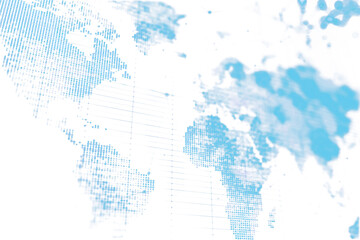 Fototapete - Abstract digital world map in blue pixelated style, displayed on a white background with a soft focus effect. Concept of global connectivity