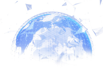 Poster - Abstract digital globe with blue geometric network connections on white background, symbolizing global communication and technology