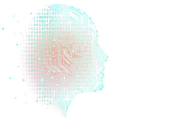 Fototapete - Abstract human profile with a circuit board pattern and binary code, combining technology and mind concepts, on a clean white background