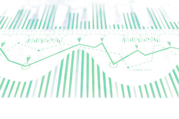 Poster - Financial chart with green bars, lines, and candlesticks on a clean white background, representing market analysis and business trends concept