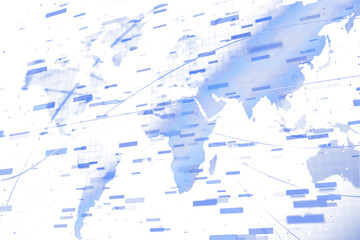 Wall Mural - Abstract digital world map with blue data points, gridlines, and geometric shapes on a white background. Concept of global data and technology