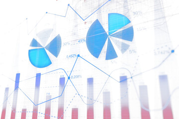 Poster - Abstract image showing blue pie charts, bar graphs, and line graphs with numerical data overlays on a white background. Concept of data analysis