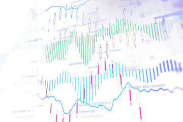 Poster - Colorful financial charts featuring candlestick patterns, data lines, and numerical values, displayed on a clean white background, symbolizing market analysis