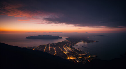 Poster - City with a large body of water in the background. The city is lit up at night