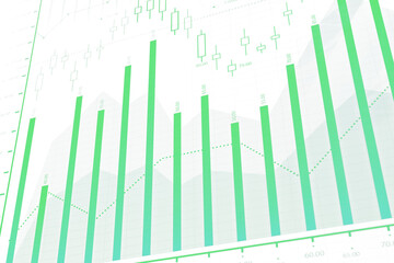 Poster - Green bar chart and candlestick graph overlaid on white background, representing financial data and stock market trends. Business concept