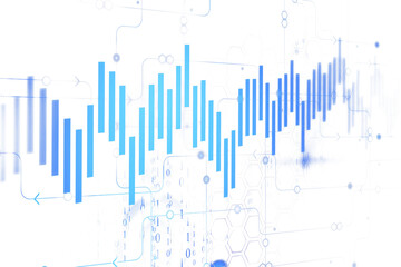 Poster - Abstract financial chart with blue bars, geometric patterns, and binary code symbols on a white background. Concept of data analysis and stock