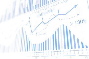 Poster - Abstract financial charts with graphs, bars, and upward trends, displayed on a clean white background. Represents growth, success, and analysis