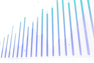 Poster - Illustration of financial data with vertical bars and line graphs. Blue gradient tones on a white background. Concept of stock market analysis