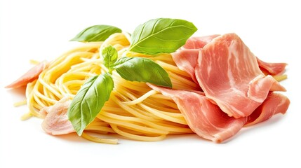 Wall Mural - Fresh Spaghetti with Ham and Basil Garnish