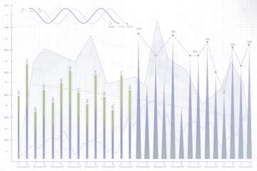 Poster - Business chart with bar graphs and line graphs showing data trends, displayed on a clean white background. Concept of financial analysis