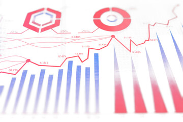 Poster - Financial charts and graphs with bars, lines, and percentages in red and blue on a white background, illustrating data analysis and business trends