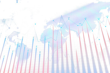 Poster - Abstract financial graph and bar chart with a dotted world map overlay, data points, and percentage markers on a clean white background