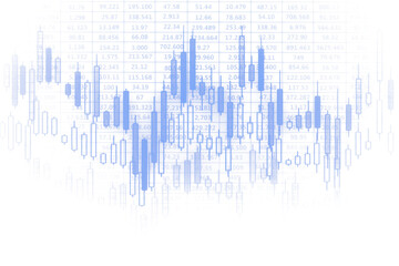 Poster - Blue candlestick chart overlaying numerical data on a clean white background, representing forex and stock market trends, analysis, and business concepts